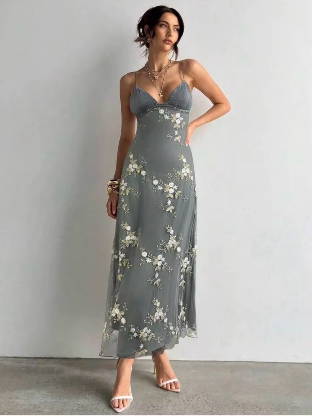 SHEIN Sage Green Floral Embroidered Maxi Slip Dress